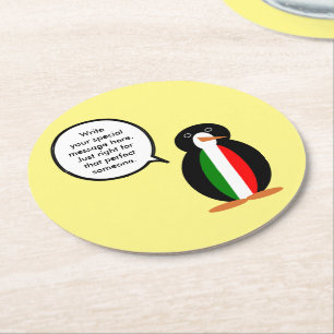 Italian Talking Ms Penguin Personalized Round Paper Coaster