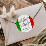 Italian Themed Dinner | Engagement Party Classic Round Sticker<br><div class="desc">Celebrate your Engagement party and future matrimony by throwing an Italian-style food tasting event. Allow everyone to socialize while tasting the best and most popular dishes of Italian cuisine. This sticker features Italian flags stripes framing the side along with the words "a taste of Italy" towards the centre. All elements...</div>