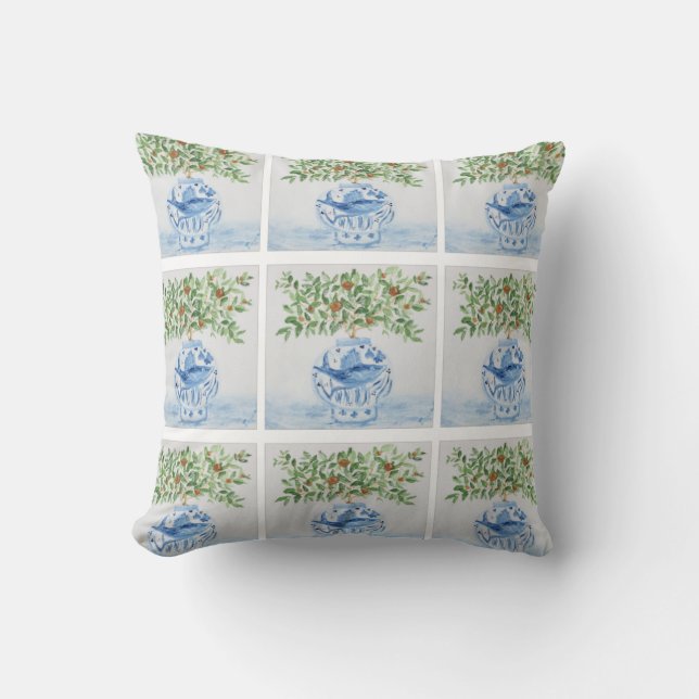 Italian Tile Blue and White Fish Ginger Jar Throw Pillow (Front)