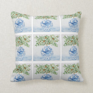 Italian Tile Blue and White Fish Ginger Jar Throw Pillow
