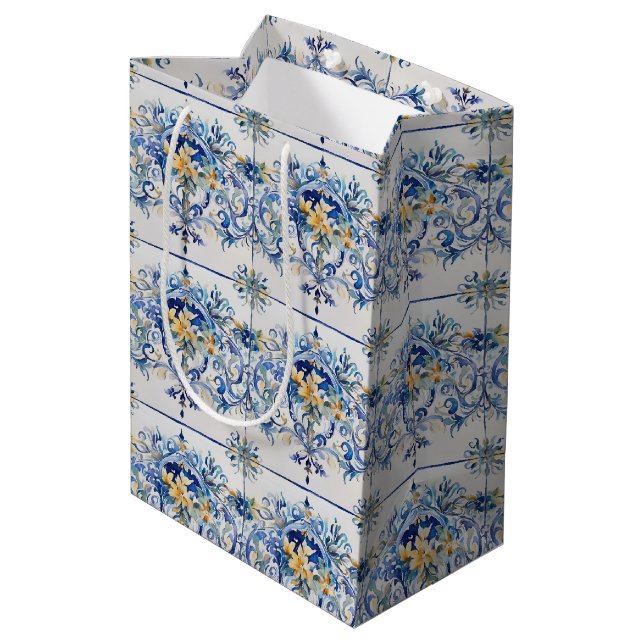 Italian Tile Blue and White Floral Bridal Shower Medium Gift Bag (Back Angled)