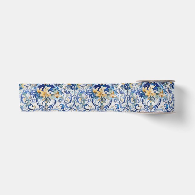Italian Tile Blue n White Yellow Flowers Decoupage Satin Ribbon (Front)