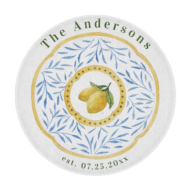 Italian Tile Floral Custom Established Year Glass Cutting Board (Front)