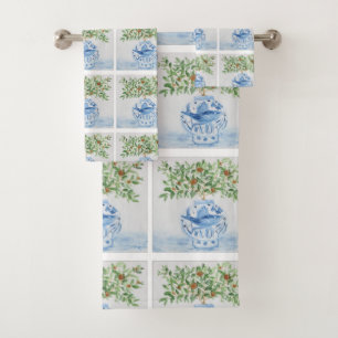 Italian Tile Ginger Jar Blue White  Bath Towel Set