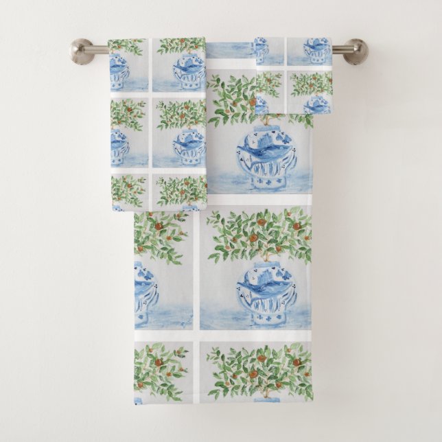 Italian Tile Ginger Jar Blue White  Bath Towel Set (Insitu)