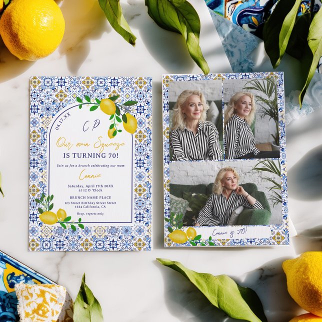 Italian Tile Lemon Our main Squeeze 70th Birthday Invitation (Italian Tile Lemon Our main Squeeze 70th Birthday Invitation)