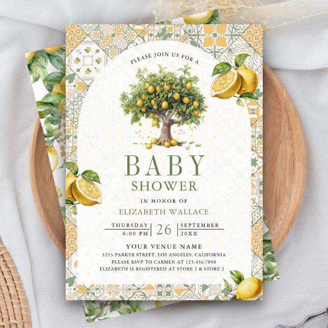 Italian Tile Lemon Tree Arch QR Code Baby Shower Invitation (Creator Uploaded)