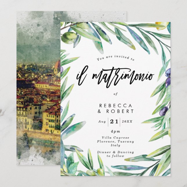 Italian Tuscany olives modern wedding invitation (Front/Back)