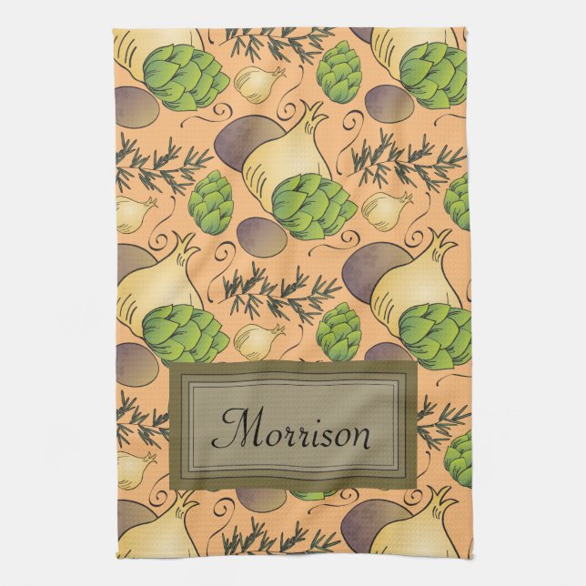 Italian Veggies and Rosemary Custom Monogram Kitchen Towel (Vertical)