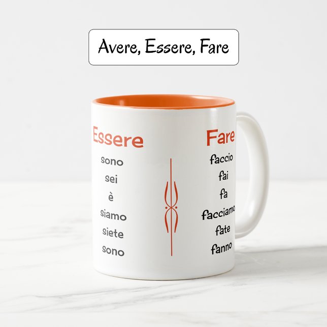 Italian verbs learning teaching Two-Tone coffee mug (Two-tone mug, orange color option)