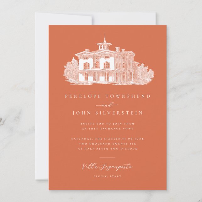 Italian Villa Drawing Terracotta Orange Wedding Invitation (Front)