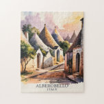 Italian Village Trulli Vintage Alberobello Puglia Jigsaw Puzzle<br><div class="desc">Step into the enchanting village of Alberobello, nestled in Apulia, Italy, where the famous trulli houses line quiet stone streets. This vintage watercolor design beautifully captures the unique architecture and historic charm of this UNESCO World Heritage Site. With soft brushwork and nostalgic tones, the artwork highlights the whitewashed buildings and...</div>