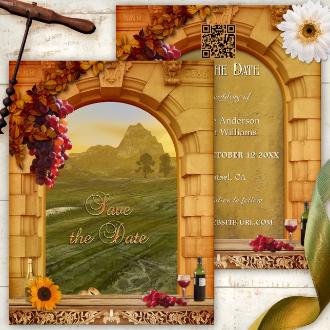 Italian Vineyard Wedding Save the Date Announcement (Italian Save the Date card with classic Roman arch and grapes with red wine - with QR code template)
