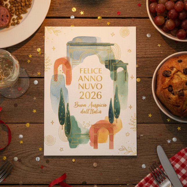 Italian Watercolor Arch Felice Anno Nuovo 2026 Holiday Card (Creator Uploaded)