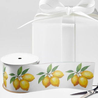 Italian Watercolor Lemons on White Satin Ribbon