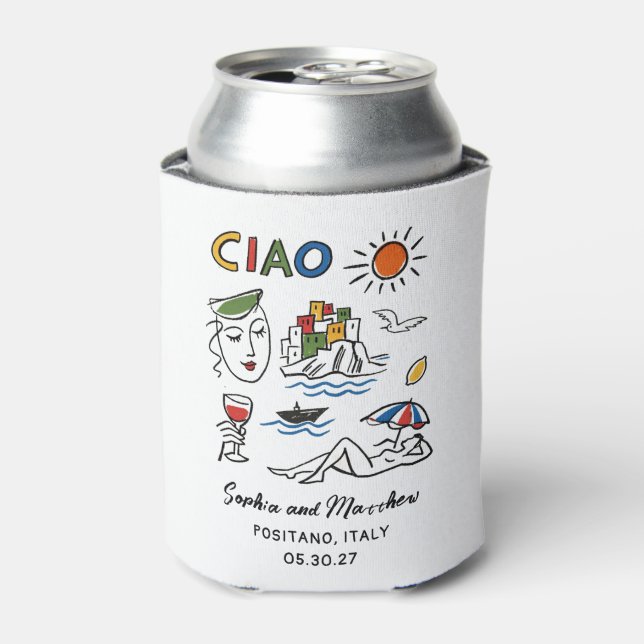 Italian Wedding Hand Drawn Amalfi Coast Modern  Can Cooler (Can Front)