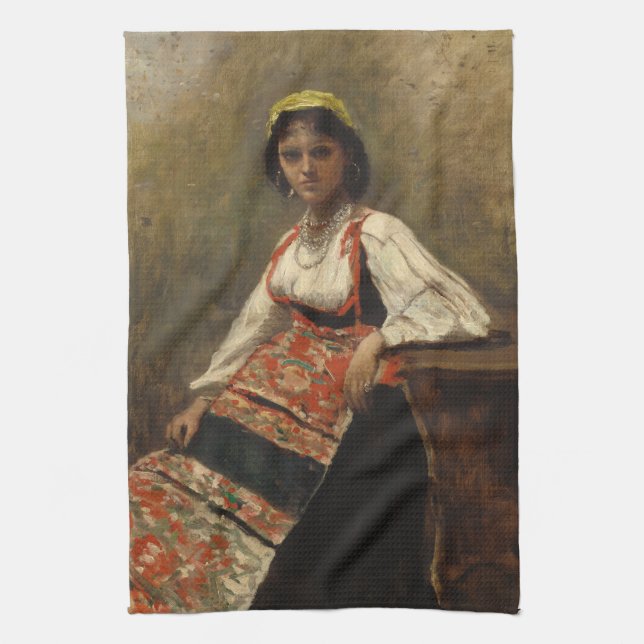 Italian Woman (La Morieri) by Corot Kitchen Towel (Vertical)