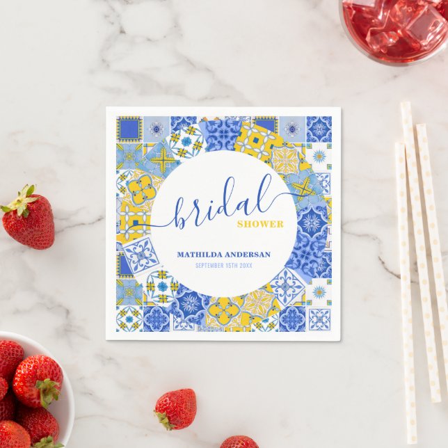 Italian Yellow Blue Tile Summer Bridal Shower Napkin (Insitu)