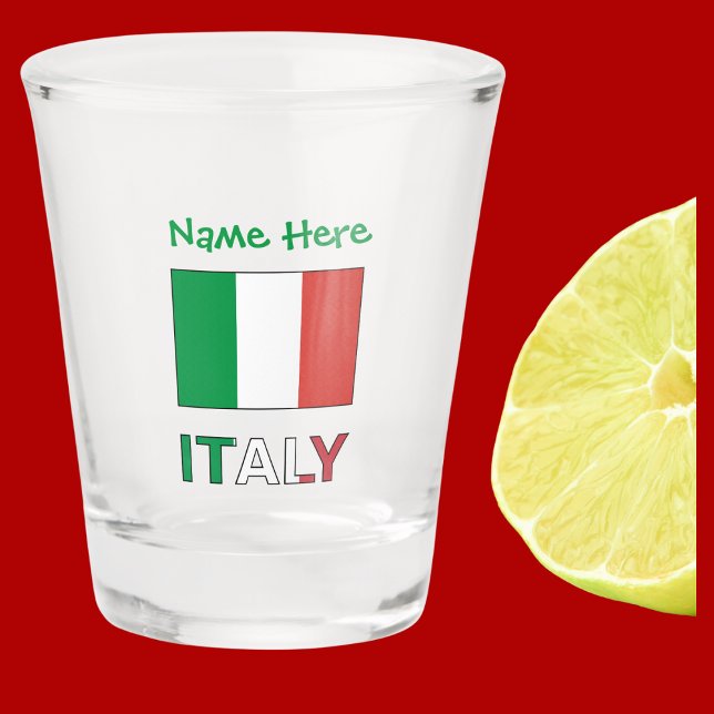 Italy and Italian Flag Green Personalization  Shot Glass (Italian flag on a shot glass with the word ITALY below in flag colors. Add a name above.)