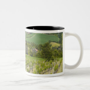 Italy, Bologna, View through Vineyard to Chiesa Two-Tone Coffee Mug