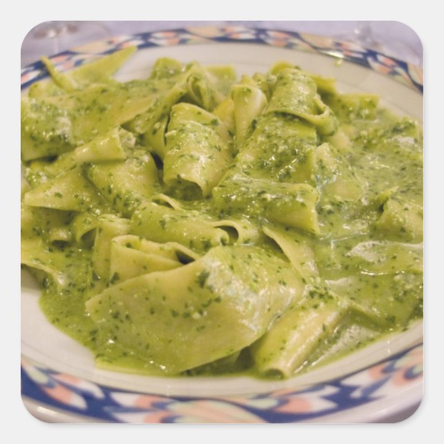 Italy, Camogli. Plate of pasta with pesto Square Sticker (Front)
