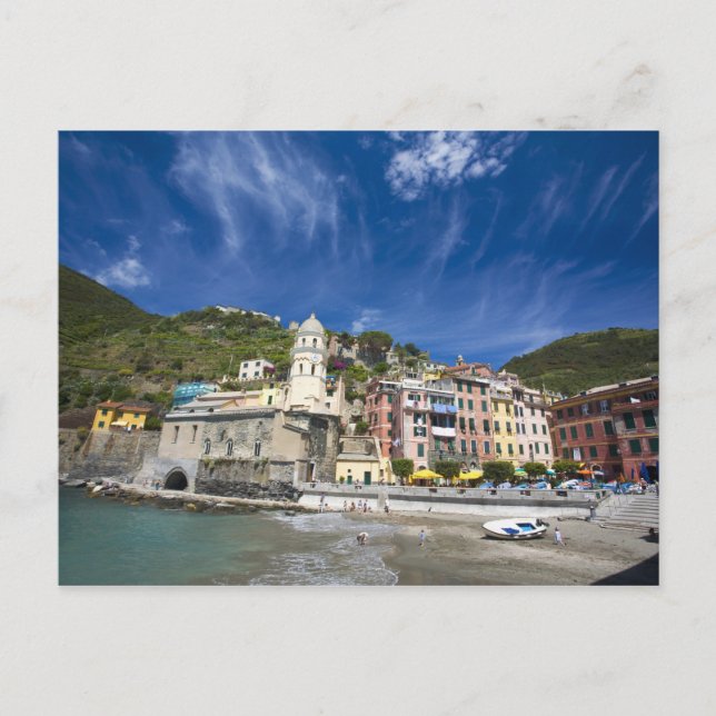 Italy, Cinque Terre, Vernazza, Harbour and Church  Postcard (Front)