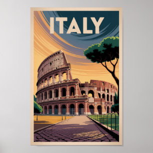 Italy Colosseum Illustration Travel Art Vintage Poster