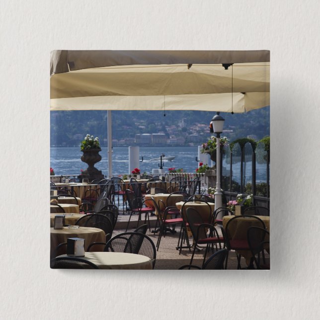 Italy, Como Province, Bellagio. Lakeside cafe. 2 Inch Square Button (Front)