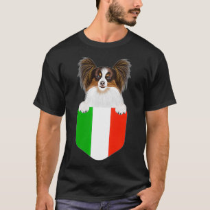 Italy Flag Papillon Dog In Pocket  T-Shirt