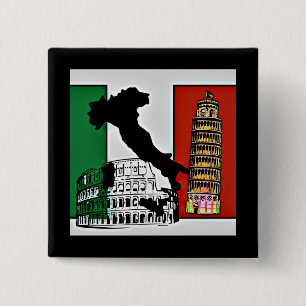 Italy - Flag, Silhouette, Tower, and Colosseum 2 Inch Square Button