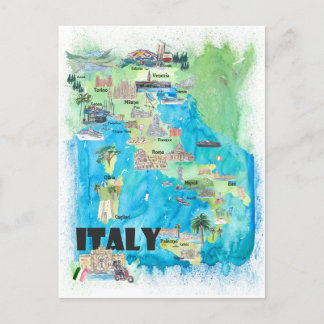 Italy Illustrated Travel Map  Postcard