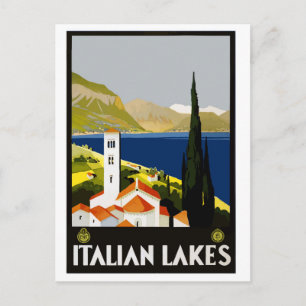 Italy, Italian lakes, illustration, vintage travel Postcard