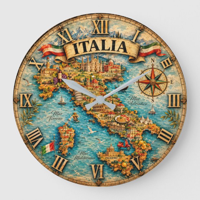 Italy Map Wall Vintage Large Clock (Front)