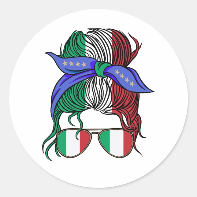 Italy messy bun with Italian Flag Classic Round Sticker (Front)