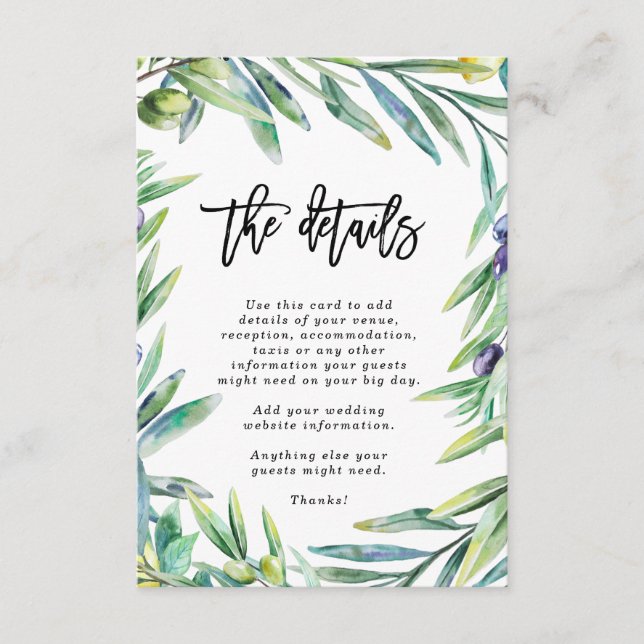 Italy olives wedding details information enclosure card (Front)