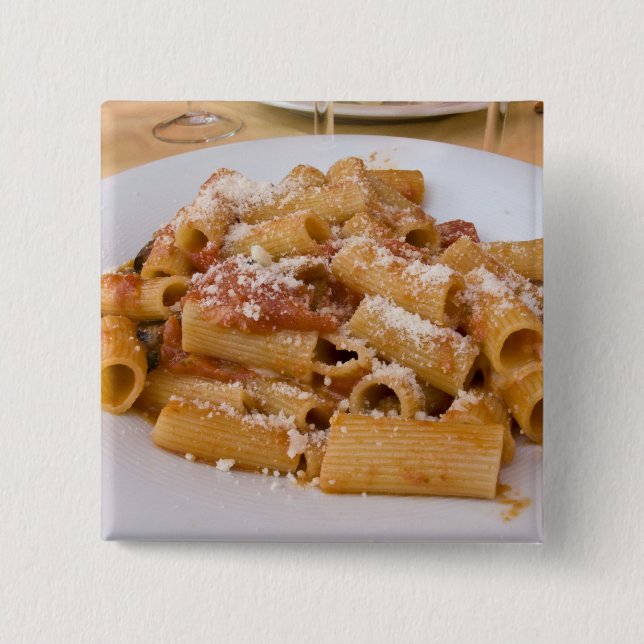 Italy, Positano. Display plate of rigatoni. 2 Inch Square Button (Front)