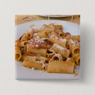 Italy, Positano. Display plate of rigatoni. 2 Inch Square Button