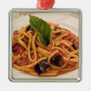 Italy, Positano. Plate of pasta and eggplant. Metal Ornament