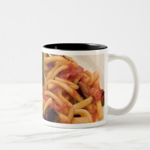 Italy, Positano. Plate of pasta and eggplant. Two-Tone Coffee Mug
