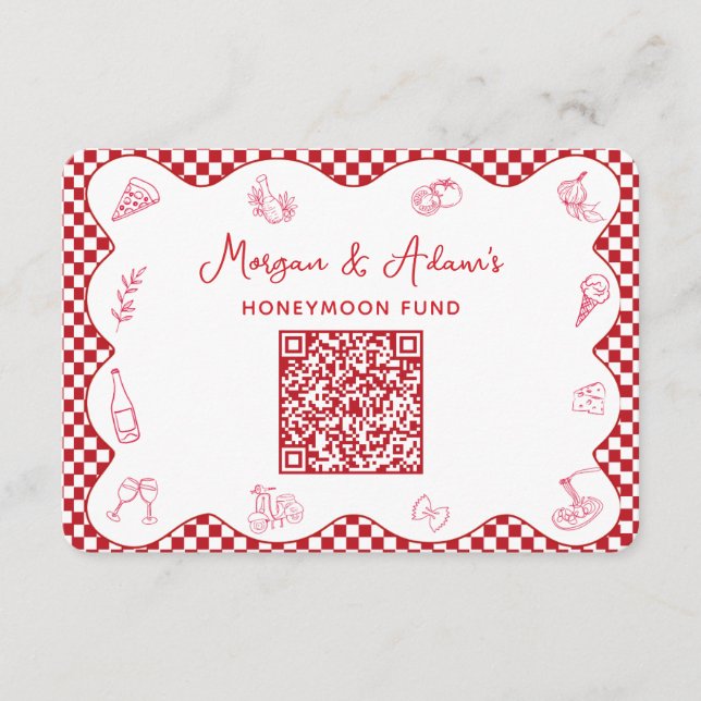 Italy Red Chequered Honeymoon Fund QR Code Cards (Front)
