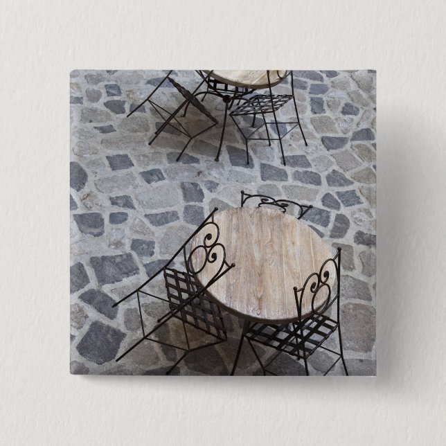 Italy, Sardinia, Castelsardo. Cafe tables. 2 Inch Square Button (Front)