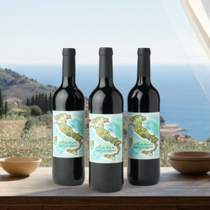 Italy Sea   Amore Watercolor Map Wedding Wine Label