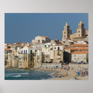 Italy, Sicily, Cefalu, Town View with Duomo from Poster