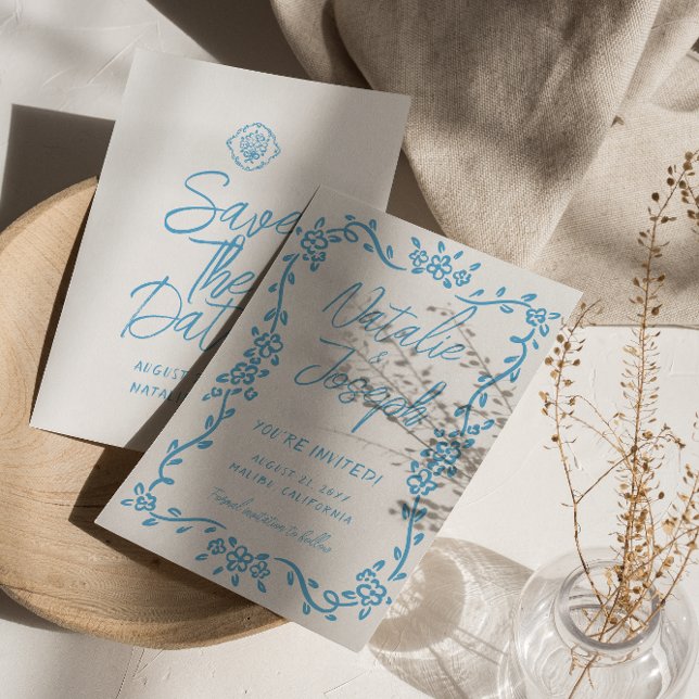 Italy Sky Blue Hand Written Mediterranean Wedding Save The Date (Creator Uploaded)