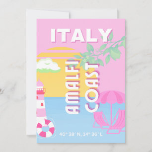 Italy Travel art, Amalfi Coast, Preppy, Pink Holiday Card