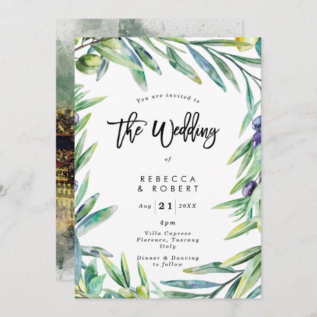 Italy Tuscany olives modern wedding invitation (Front/Back)