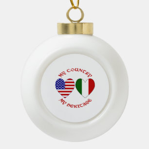Italy USA Flag Hearts Country Heritage Ceramic Ball Christmas Ornament