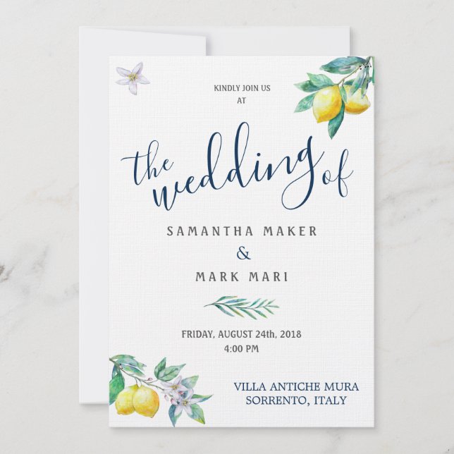 Italy Wedding Invitation, Lemon and Olive Theme Invitation (Front)