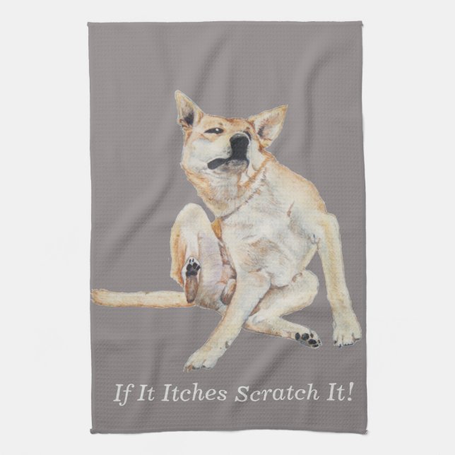 itchy dog scratching painting with funny slogan kitchen towel (Vertical)