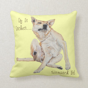 itchy dog scratching painting with funny slogan throw pillow